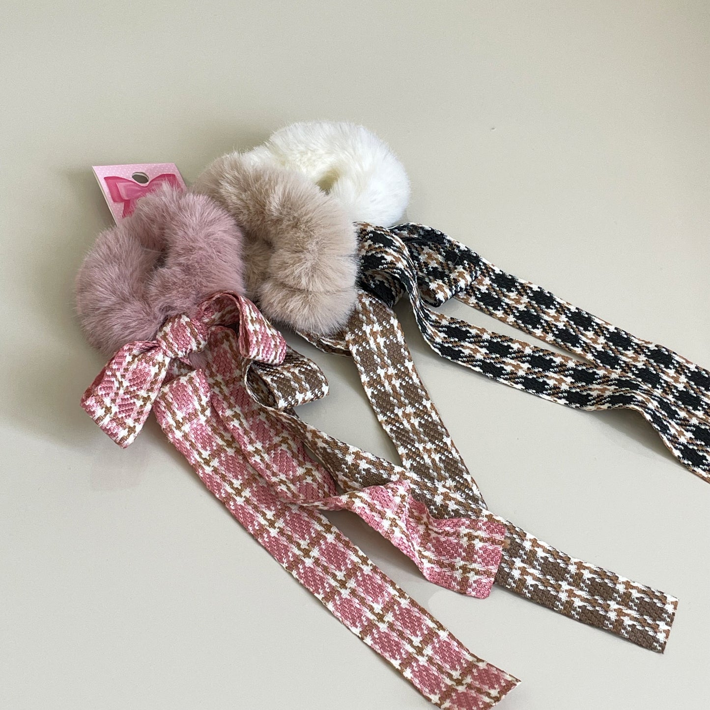 Furry Scrunchies with check ribbons - Assorted Pack of 3 pcs