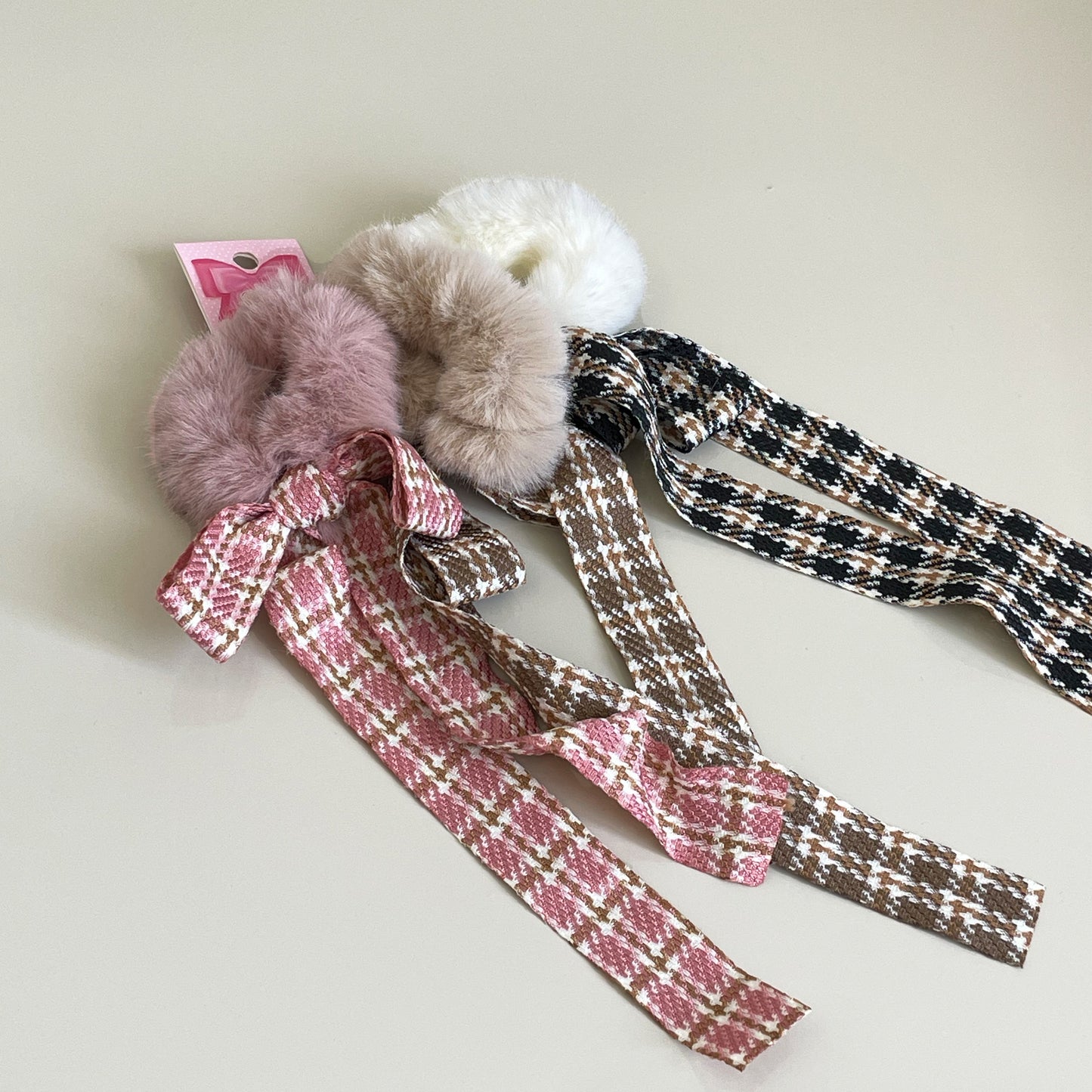 Furry Scrunchies with check ribbons - Assorted Pack of 3 pcs