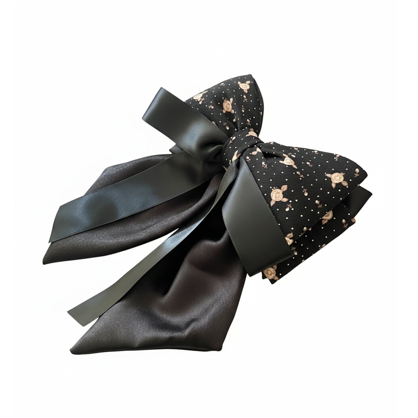 Floral Print Bow Clip with Satin Ribbons (Black)