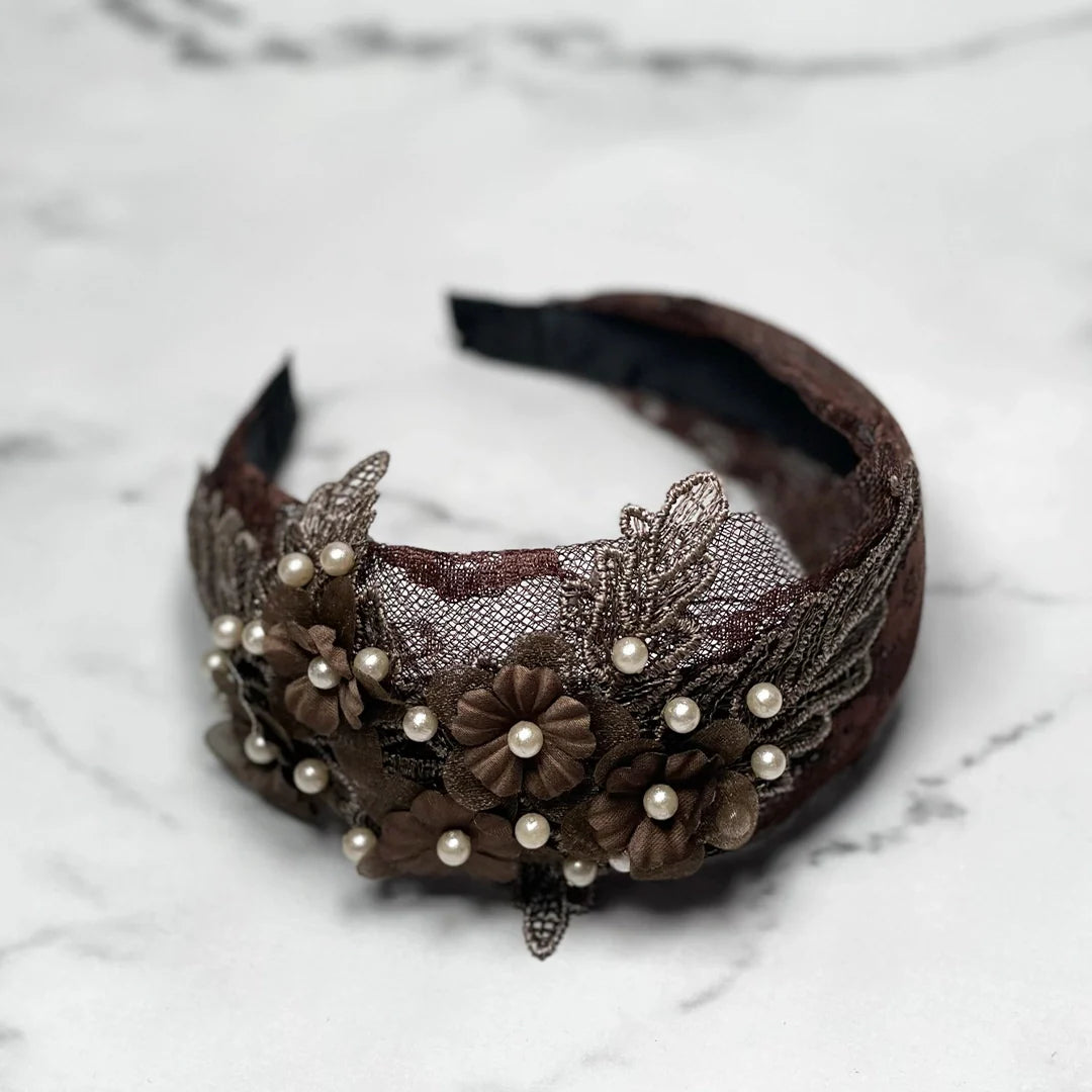 Elegant Broad Lacy Embellished Hairbands with Pearls