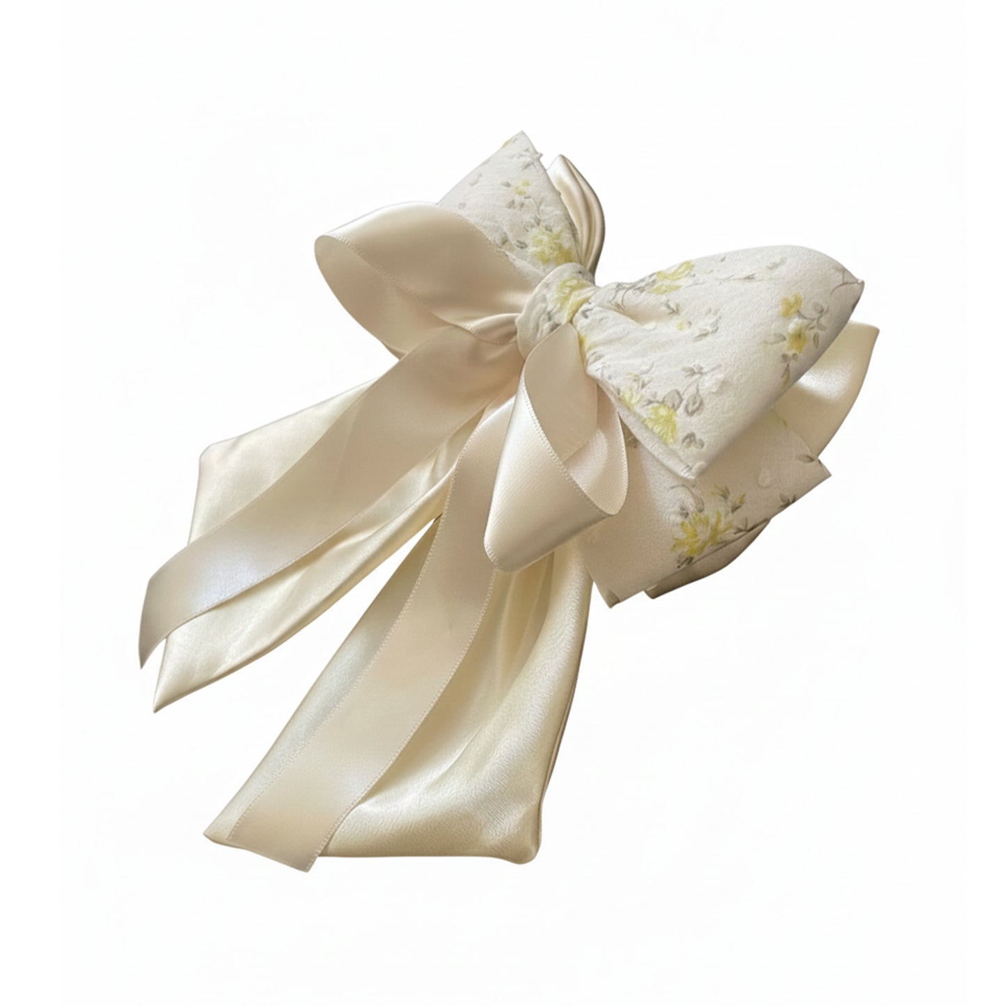 Floral Print Bow Clip with Satin Ribbons (Lemon)