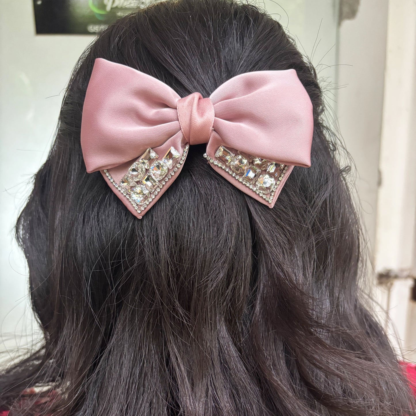 Studded Elegant Satin Bow Clip (Pink Peach)