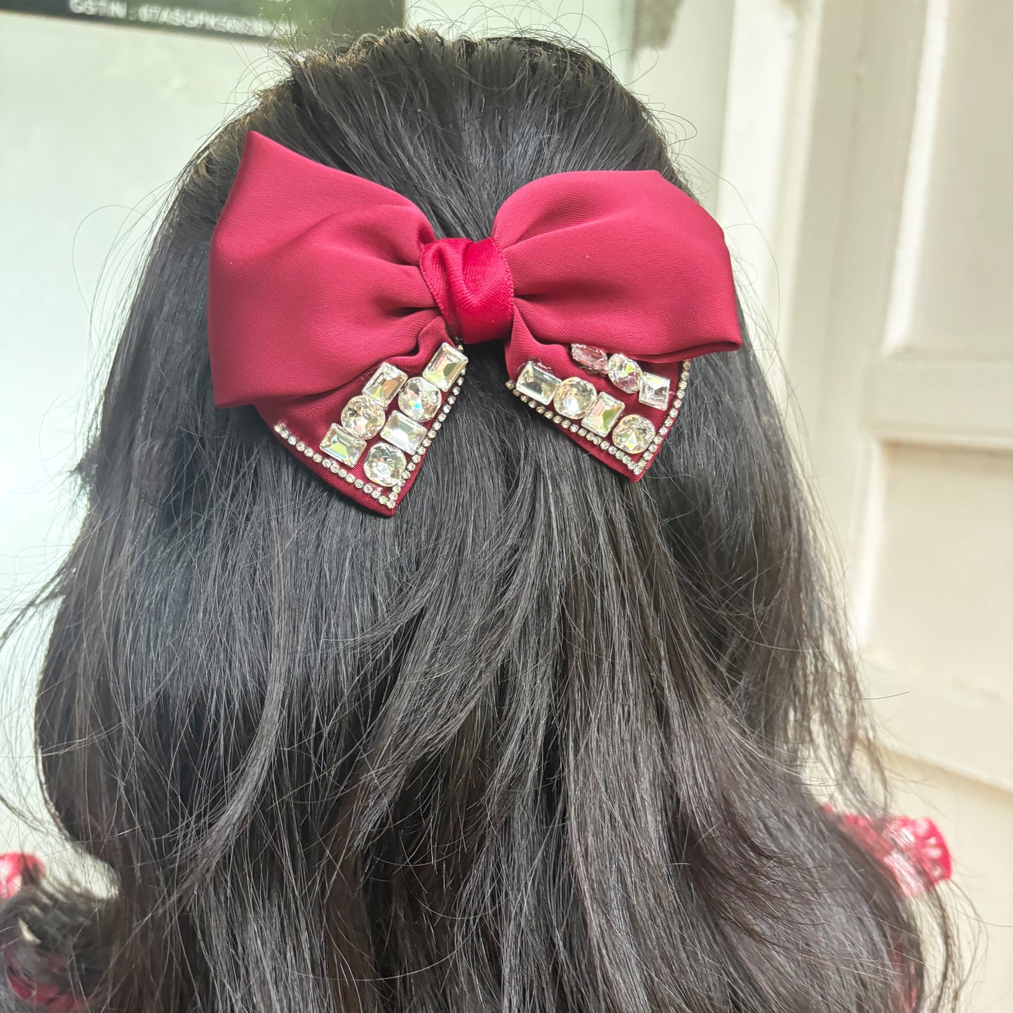 Studded Elegant Satin Bow Clip (Dark Red)