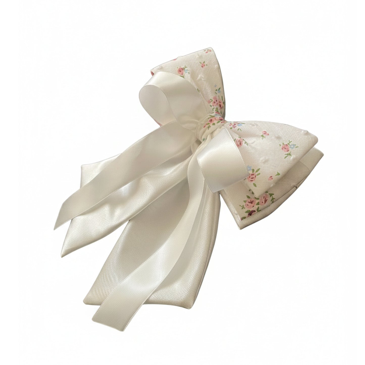 Floral Print Bow Clip with Satin Ribbons (White)