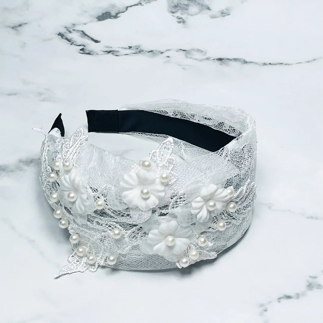 Elegant Broad Lacy Embellished Hairbands with Pearls