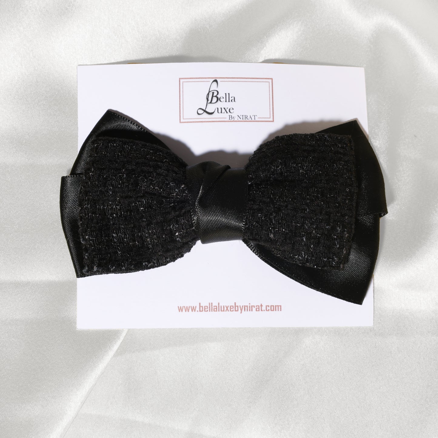 Black Check Shimmery Bow Clips with textured and satin fabric on white card display