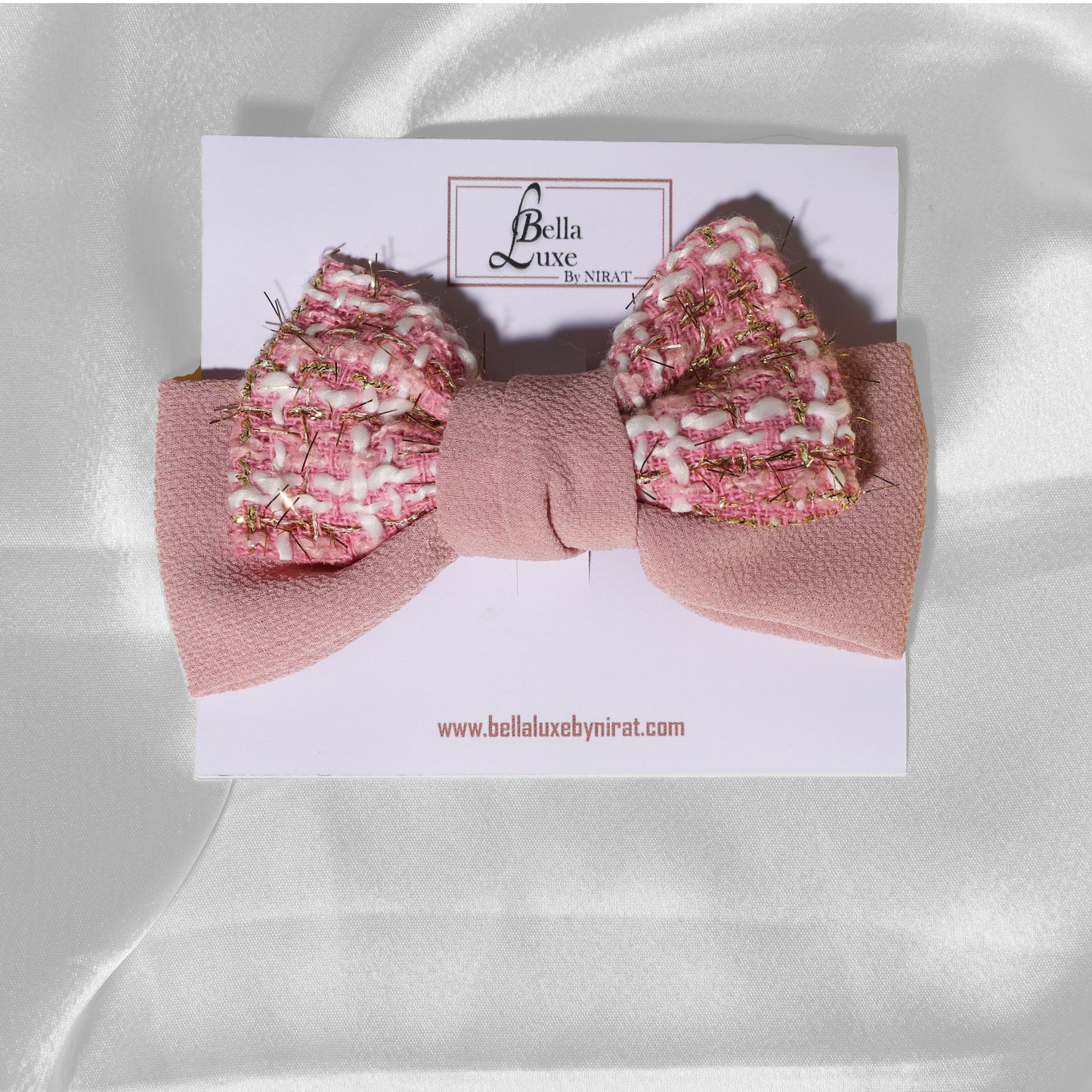 Pink Check Shimmery Bow Clips with textured fabric and gold thread detailing on white card