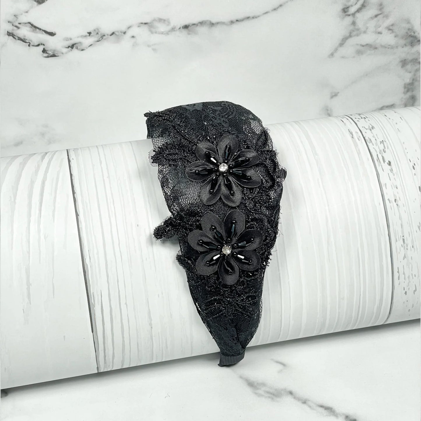 Black lace broad flower hairbands with two floral decorations and pearl accents