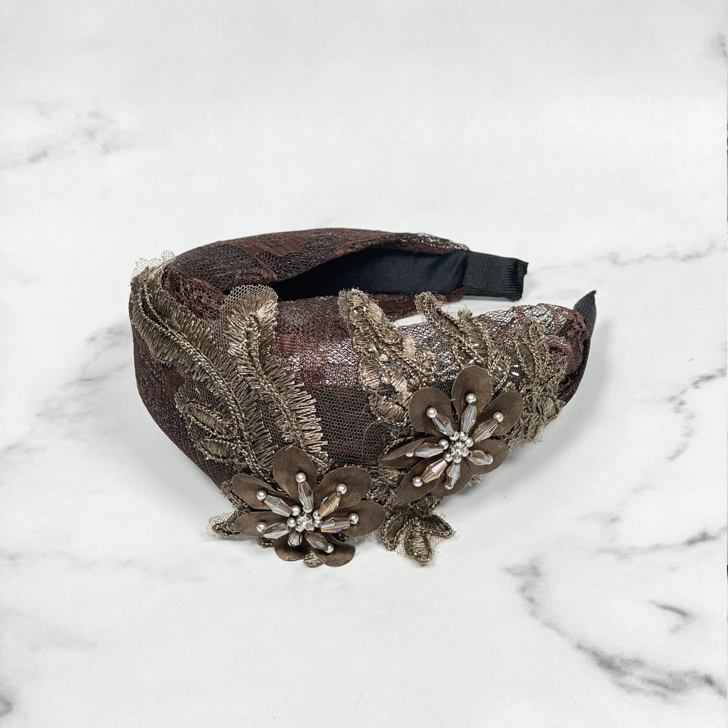 Brown broad flower hairbands with lace and decorative bead flower accents for elegant styling