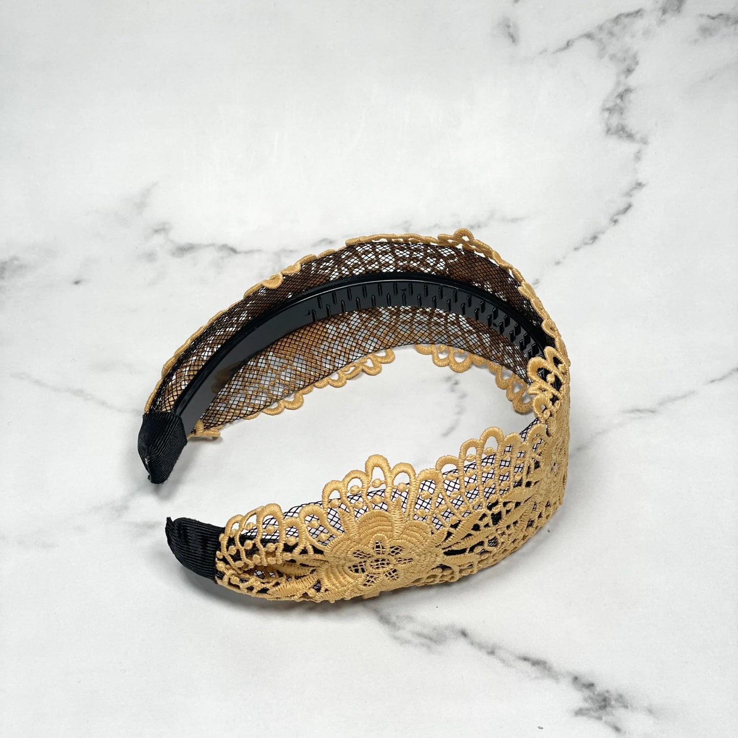 Beige broad lace hairbands with floral pattern and plastic base for comfortable wear