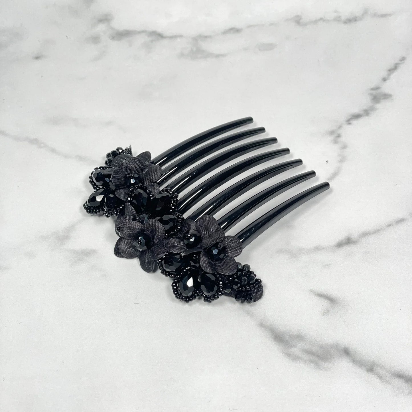 Black floral crystal studded comb clips with beaded and gemstone embellishments