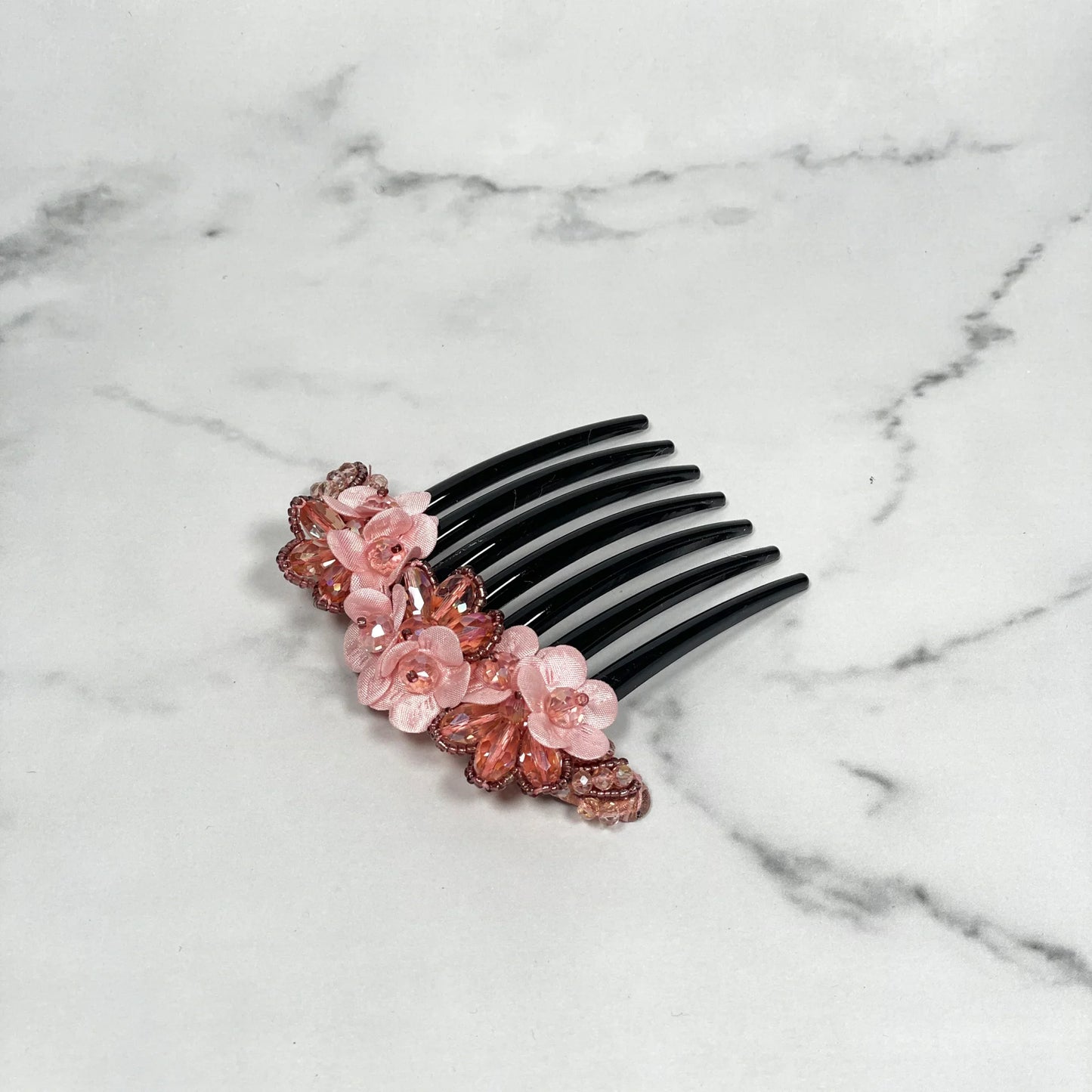 Black hair comb with pink flowers and crystals decorative crystal studded comb clips
