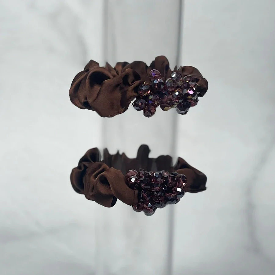 Brown fabric crystal studded hair ties with dark purple sparkling crystals accessory