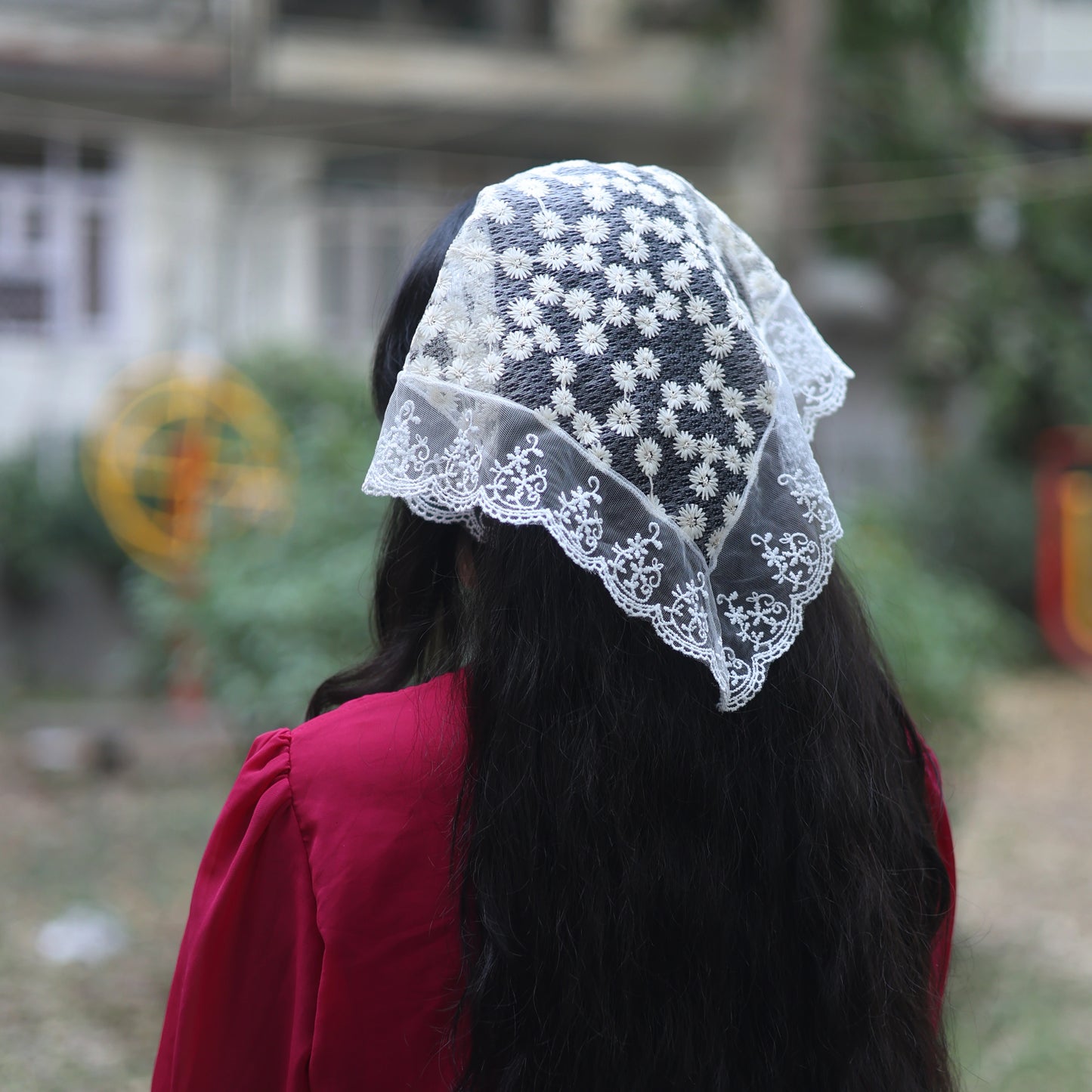 Embroidered Shimmery Lacy Bandana worn on long dark hair with floral patterns by Bella Luxe
