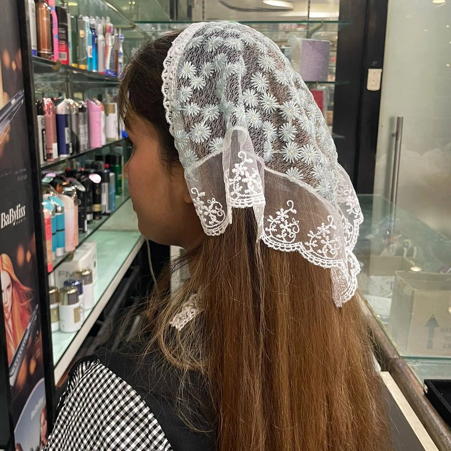 Bella Luxe Embroidered Shimmery Lacy Bandana worn on long brown hair showcasing intricate floral lace design