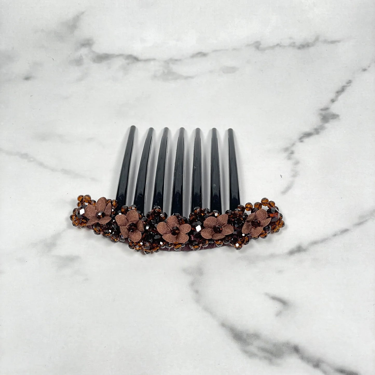 Brown floral beaded hair comb clips with small flower beads on black comb base