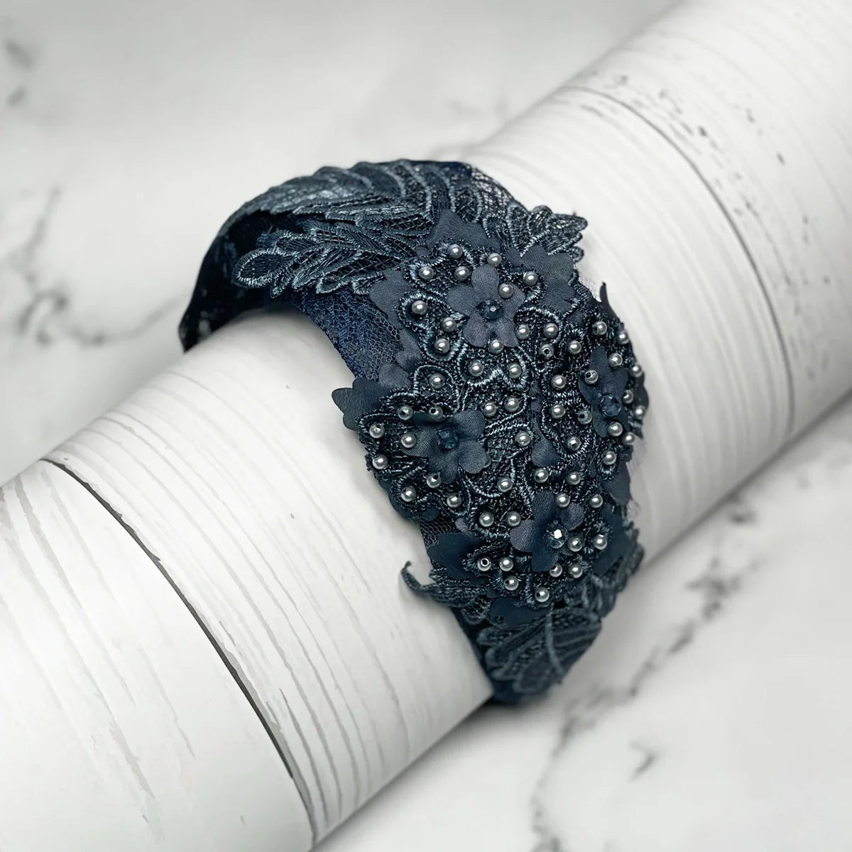 Dark blue floral lacy hairbands with cutwork featuring intricate bead and flower details