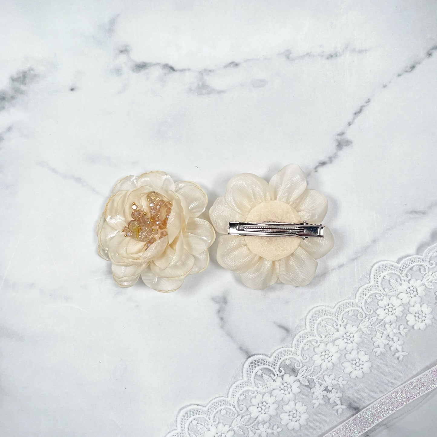 Organza Floral & Crystal Hair Clips (Pair)