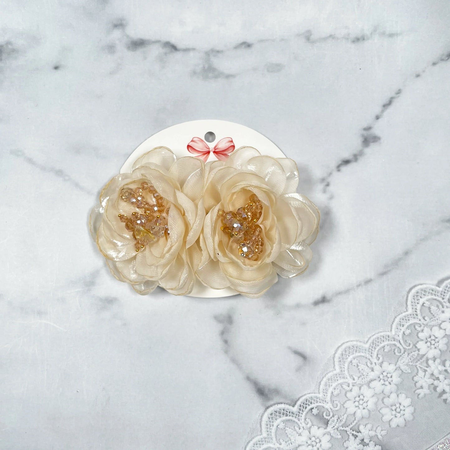 Organza Floral & Crystal Hair Clips (Pair)