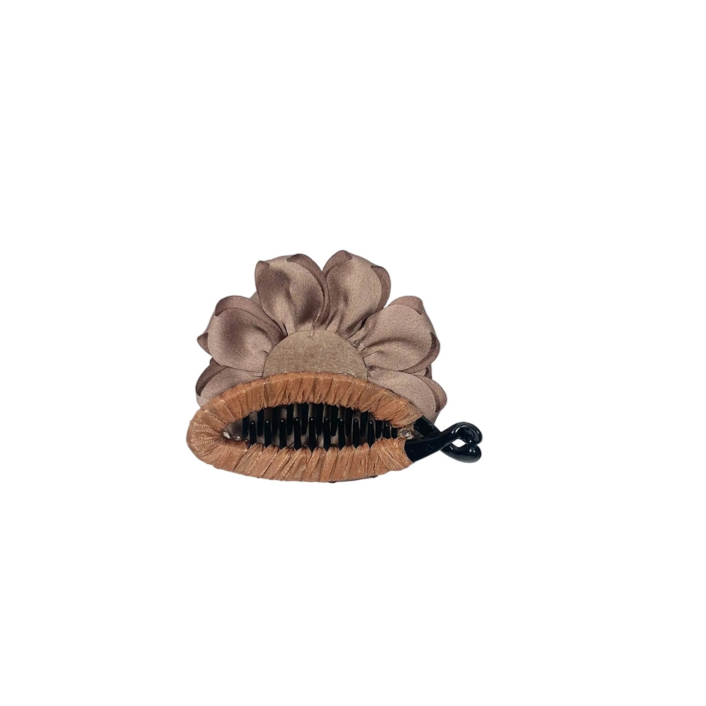 Bella Luxe simple hair clip with brown fabric flower on marble surface without golden crystal banana clip