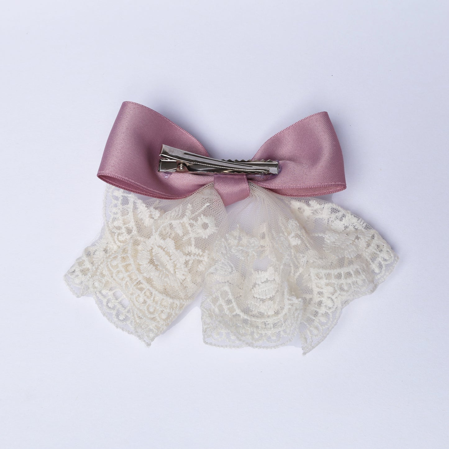 Lacy bow frill alligator clip with pink satin bow and white lace frills for hair decoration