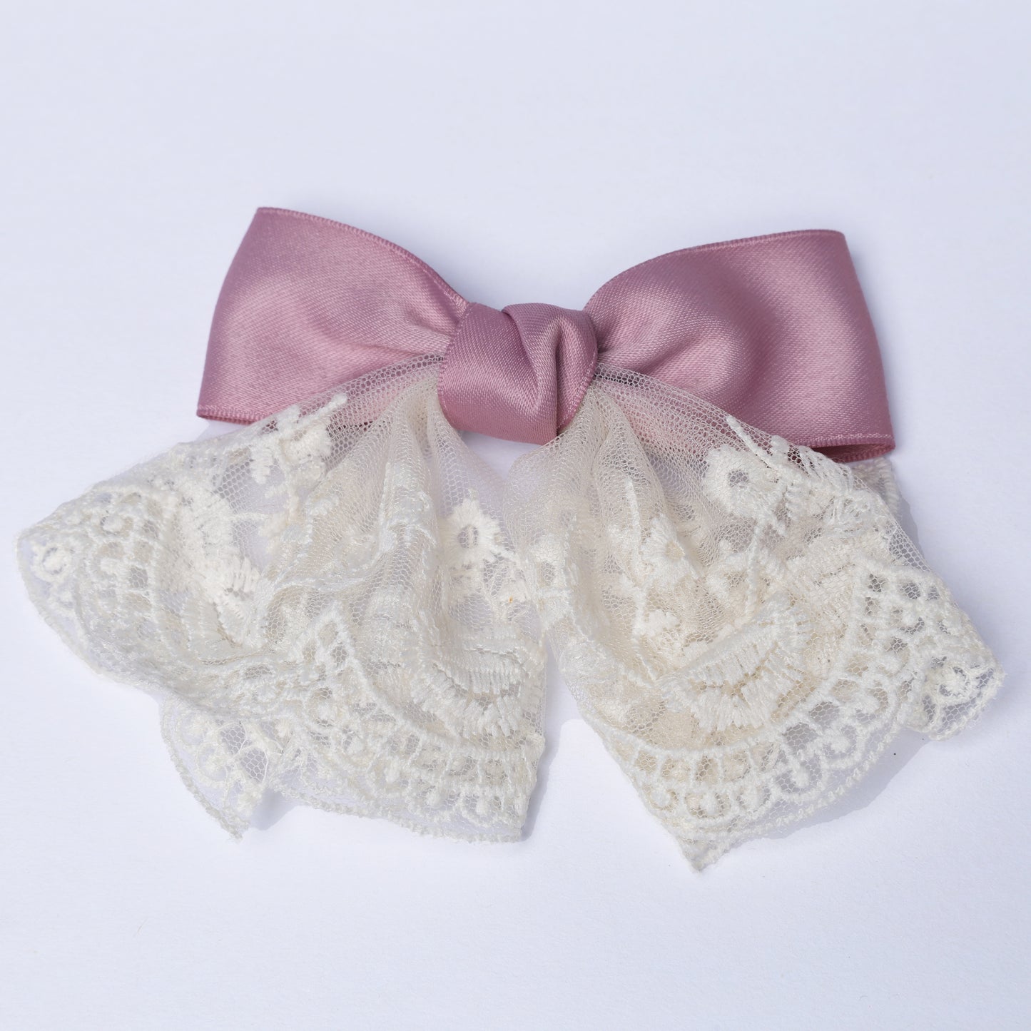 Lacy bow frill alligator clip with pink satin bow and white lace frill for hair decoration