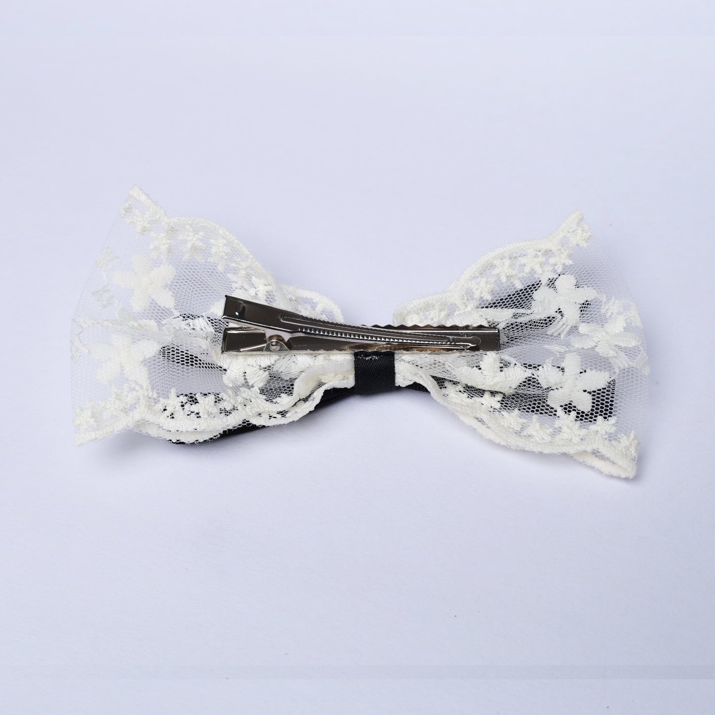 White Lacy Bows with Ribbon featuring floral lace design and metal clip for hair styling