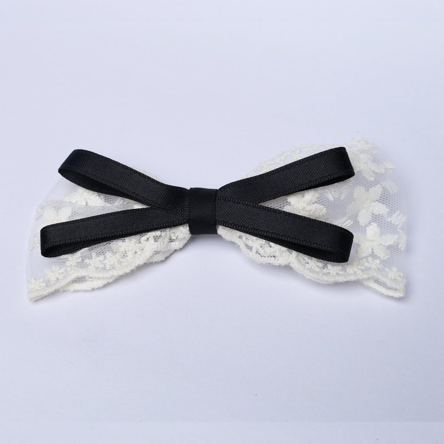 Black Lacy Bows with Ribbon featuring white floral lace detailing for elegant decoration