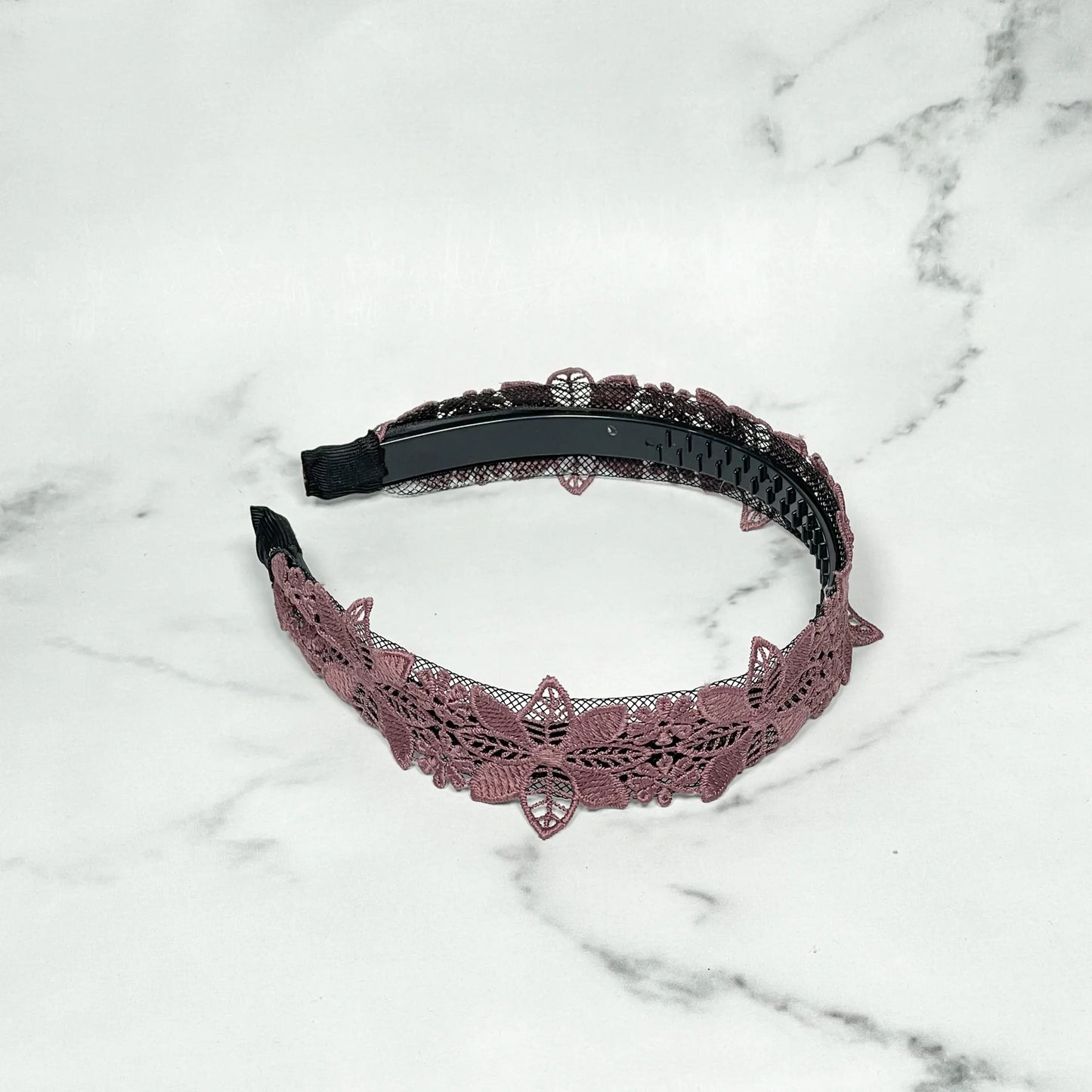Medium broad colored hair bands with intricate lace floral design in mauve color