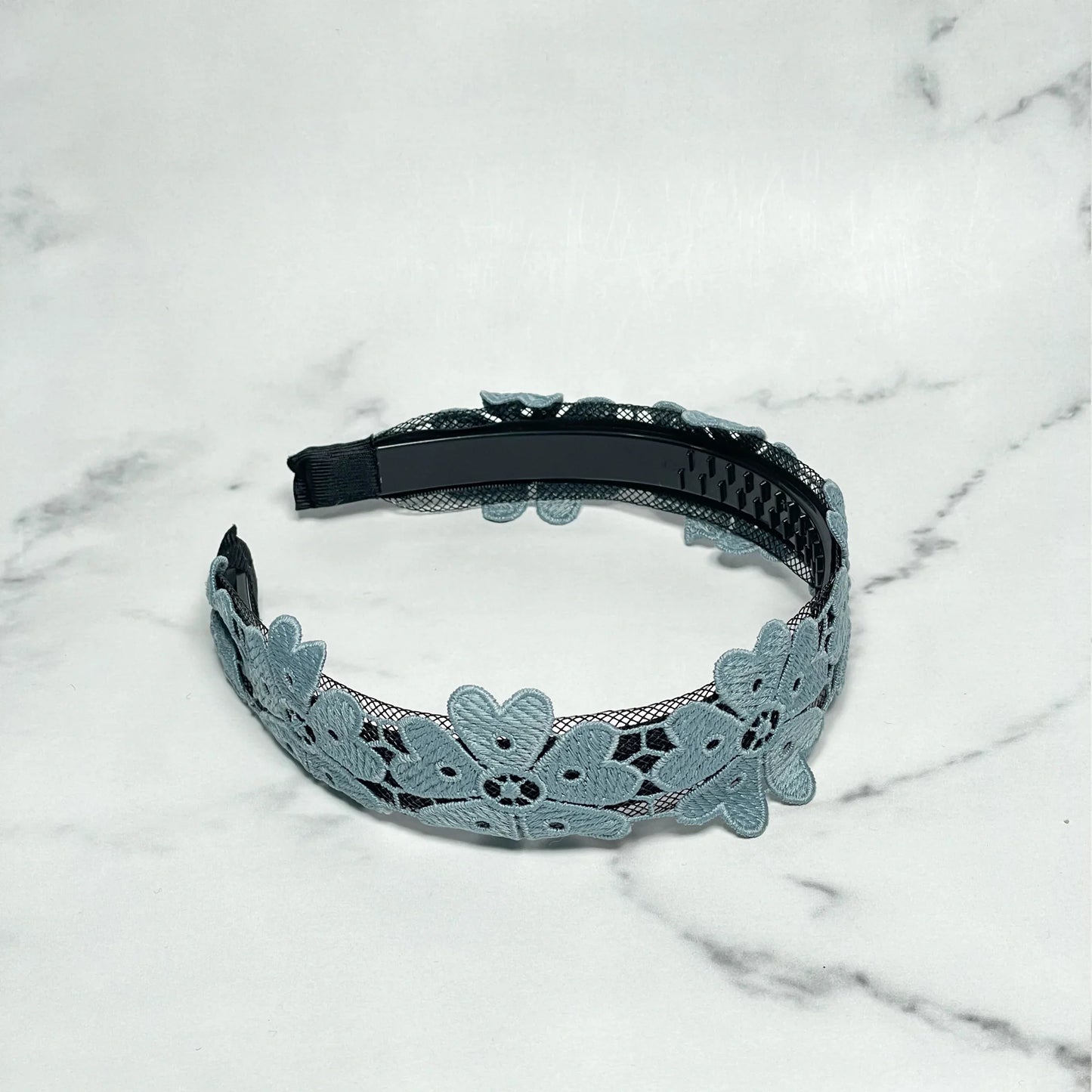 Medium Broad Lacy Floral Hairbands in blue with delicate embroidered flowers and a comfortable fit