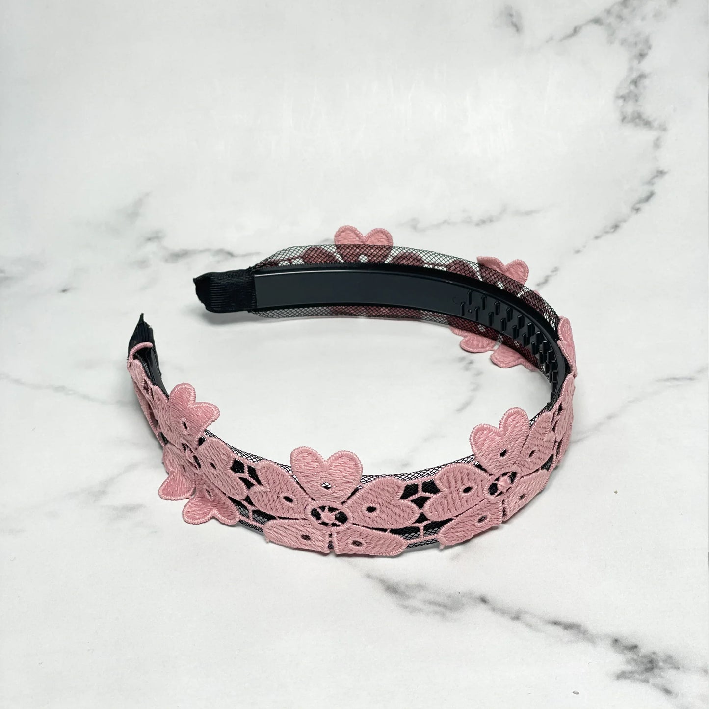 Medium Broad Lacy Floral Hairbands pink floral lace hairband on black plastic base