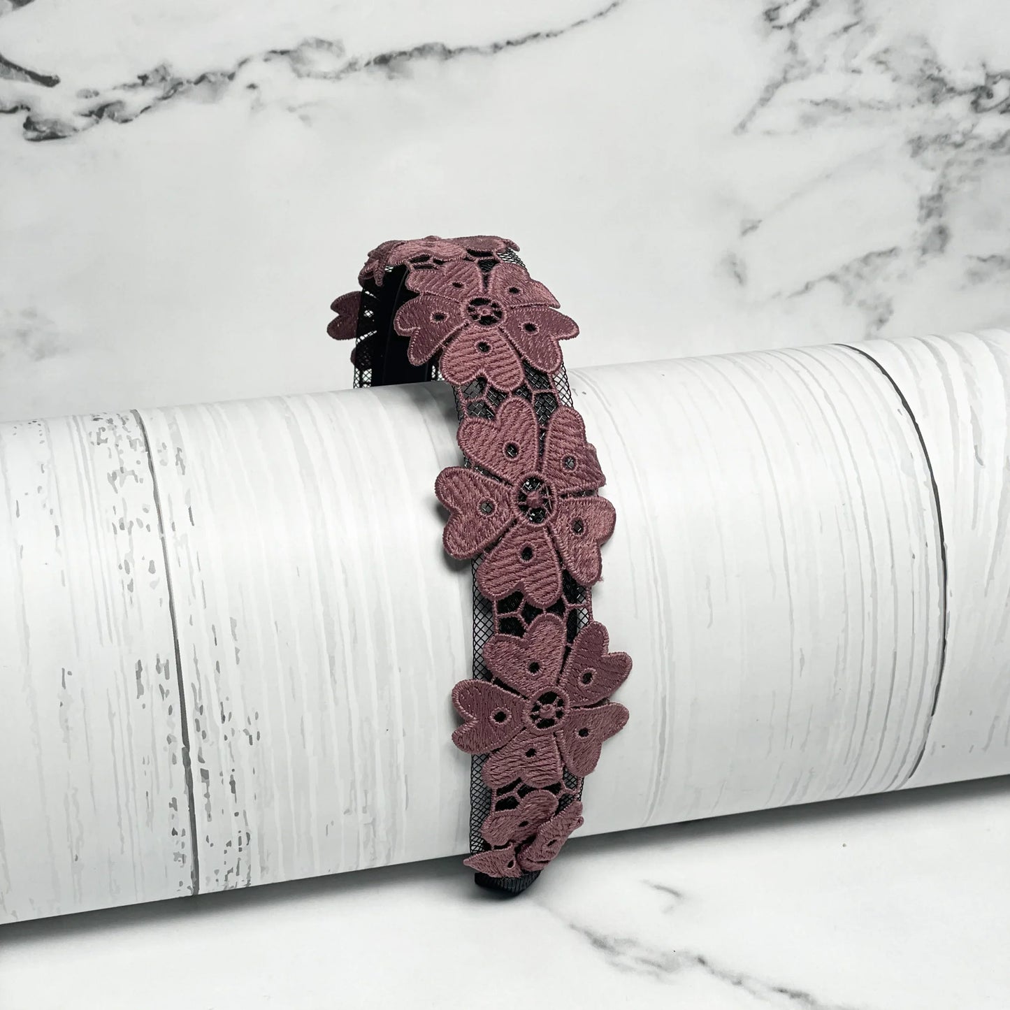 Medium Broad Lacy Floral Hairbands in dusty rose with intricate flower lace design on white background