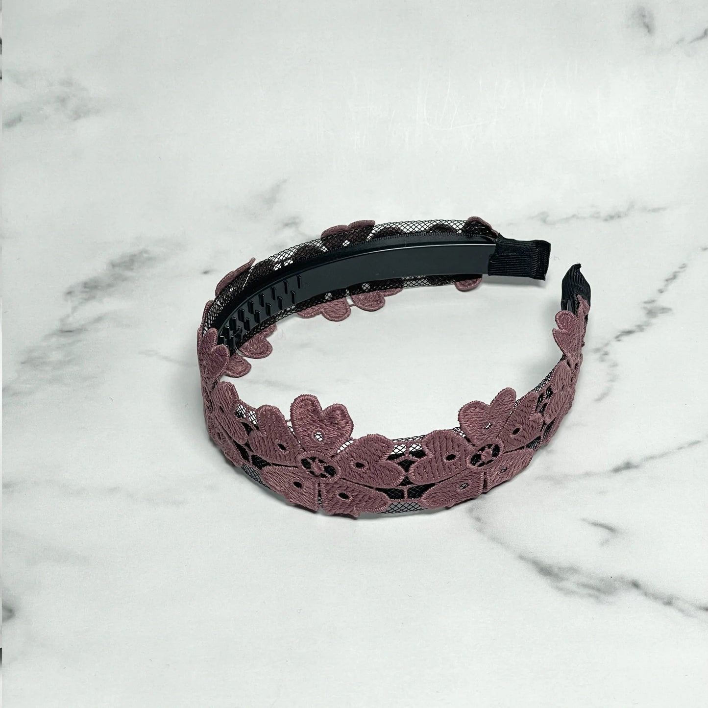 Medium Broad Lacy Floral Hairbands with pink floral lace on black band for stylish hair accessory