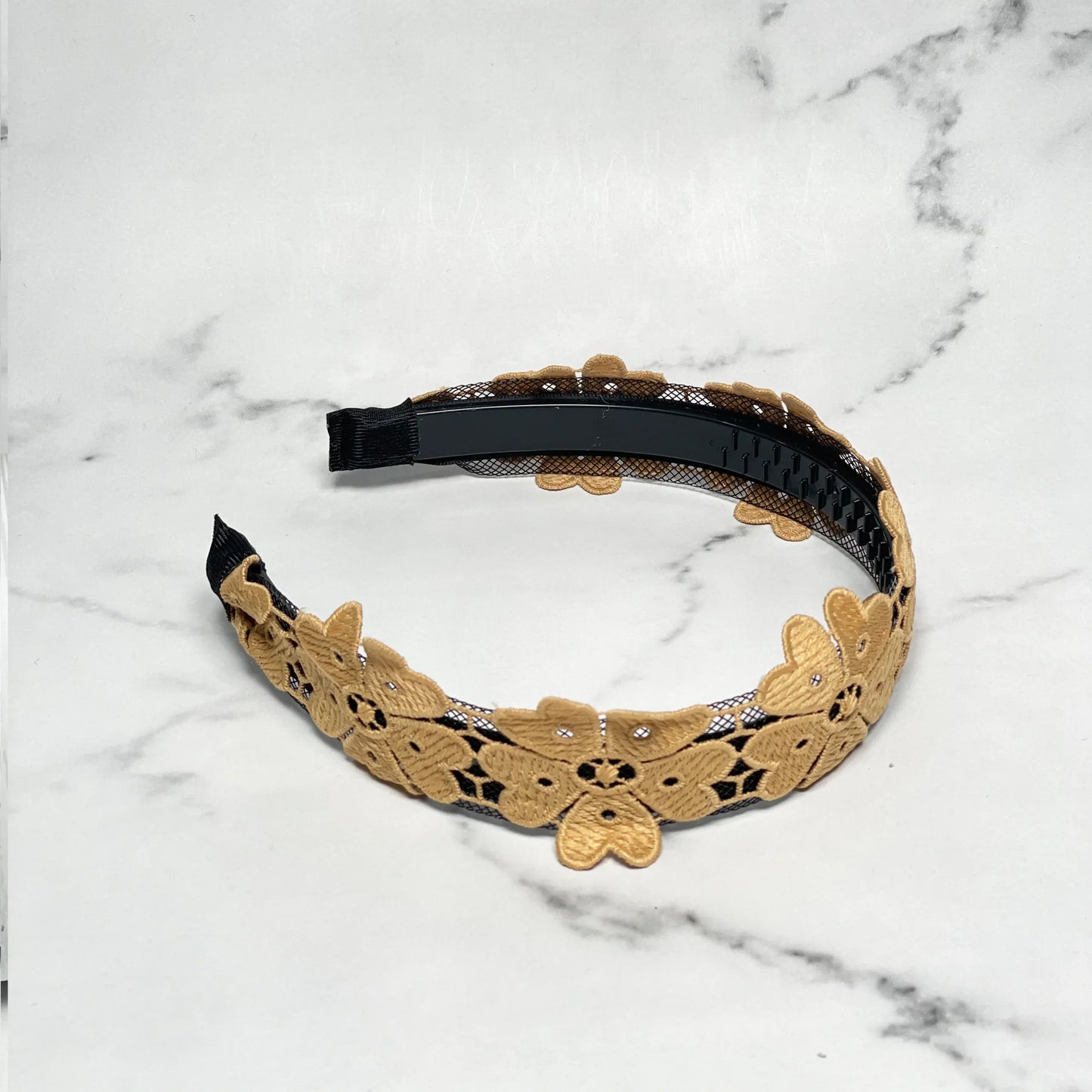 Medium Broad Lacy Floral Hairbands in tan with black mesh base and floral design