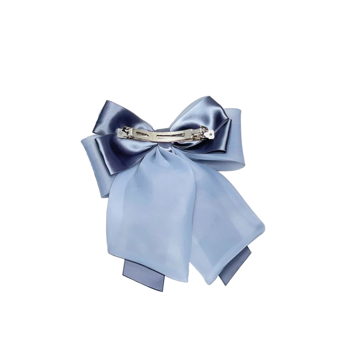 Light blue and navy Organza and Satin Bow Clips with silver metal clasp on marble background