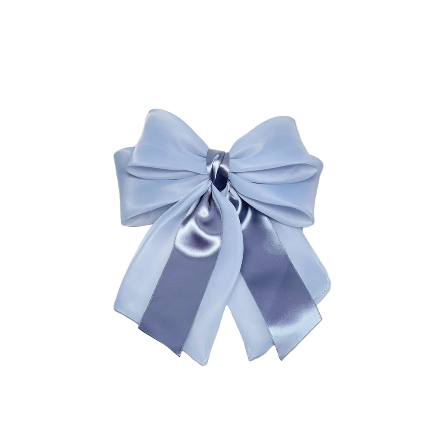 Light blue and gray Organza and Satin Bow Clips on a white marble background