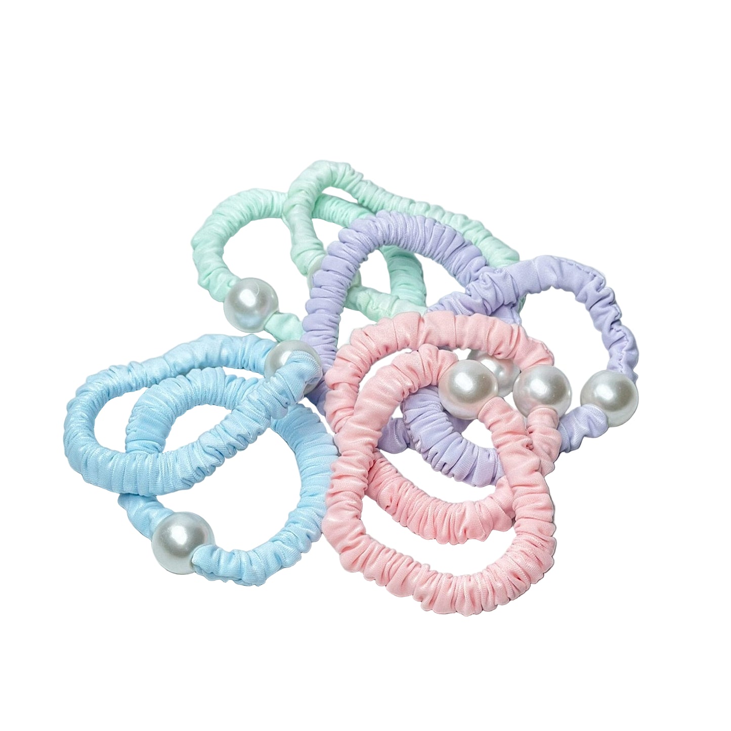 Set of pastel hair ties with pearl accents in blue, pink, purple, and mint green colors