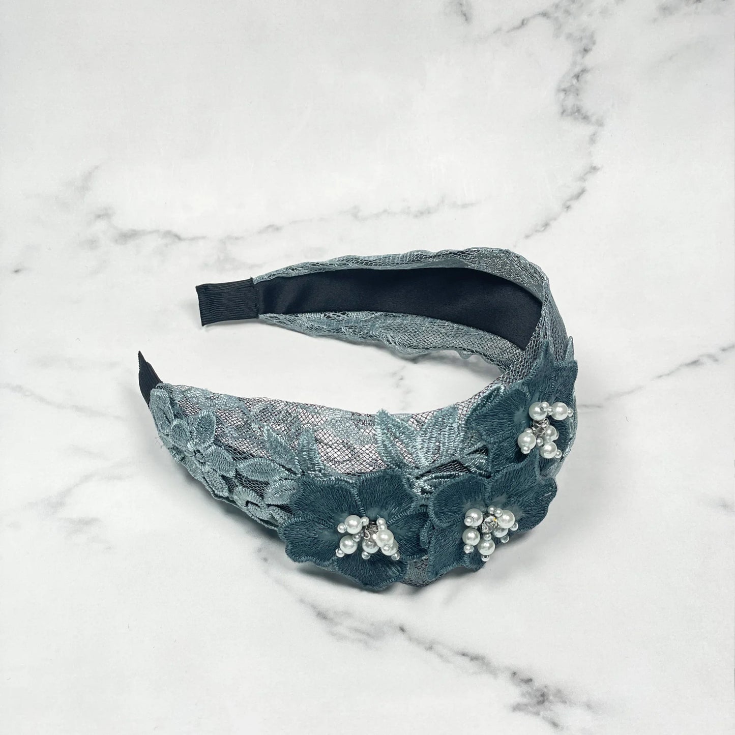 Three flower broad hairbands in grey with pearl accents and intricate floral design