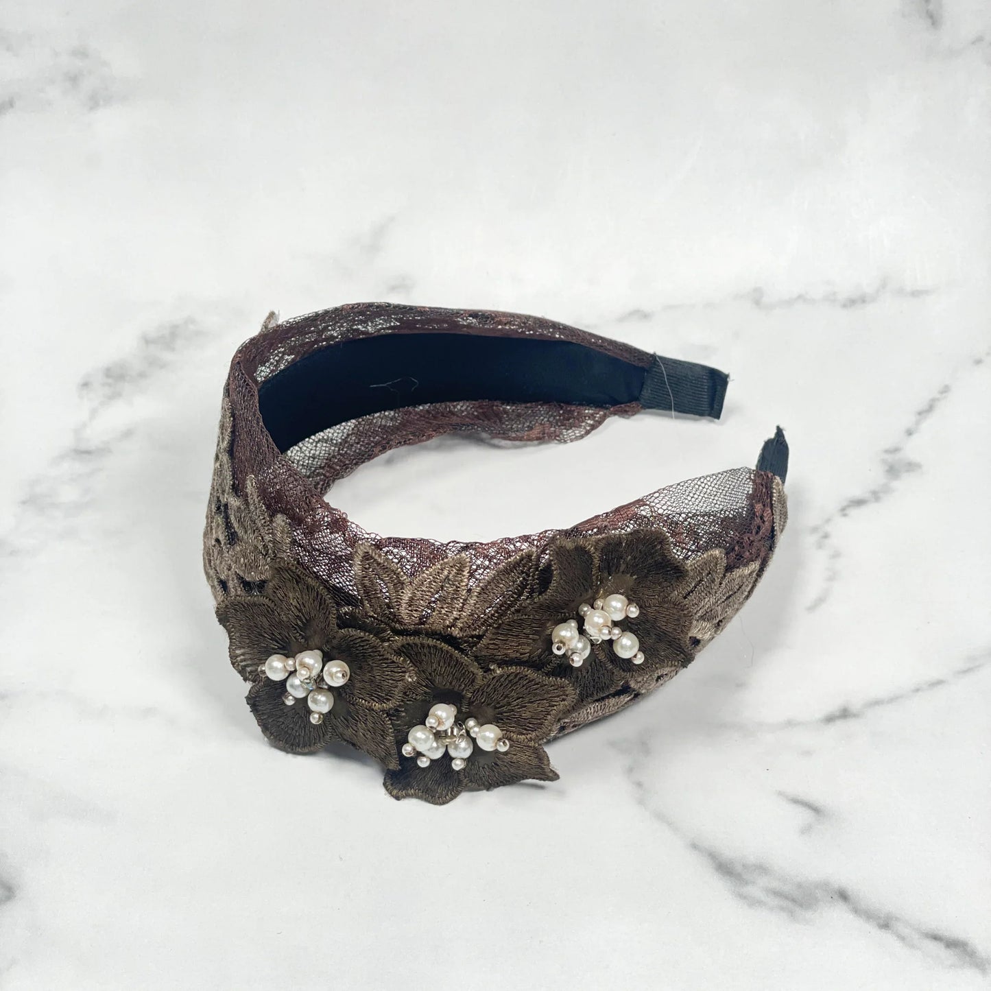 Three flower broad hairbands in brown with pearl accents and lace details