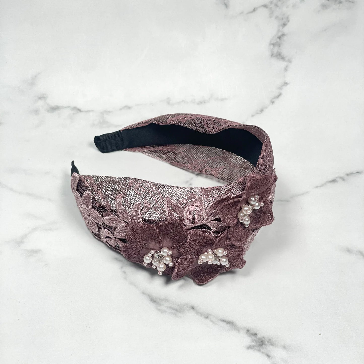 Three flower broad hairbands in mauve lace with pearl bead accents by mydevelopmentstor