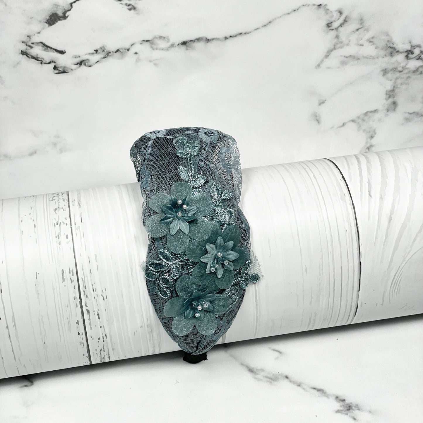 Mydevelopmentstor broad shimmery lacy hairbands in teal with floral appliques and pearl details