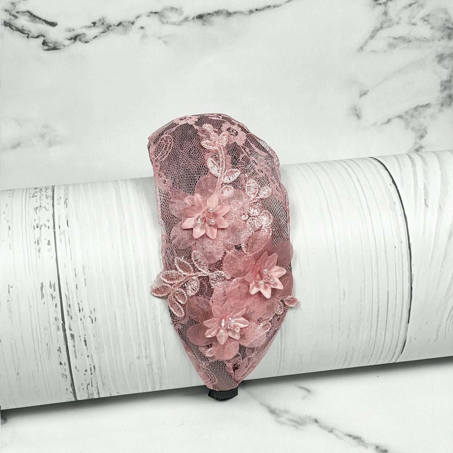 Pink broad shimmery lacy hairbands with floral design and delicate embellishments for elegant styling