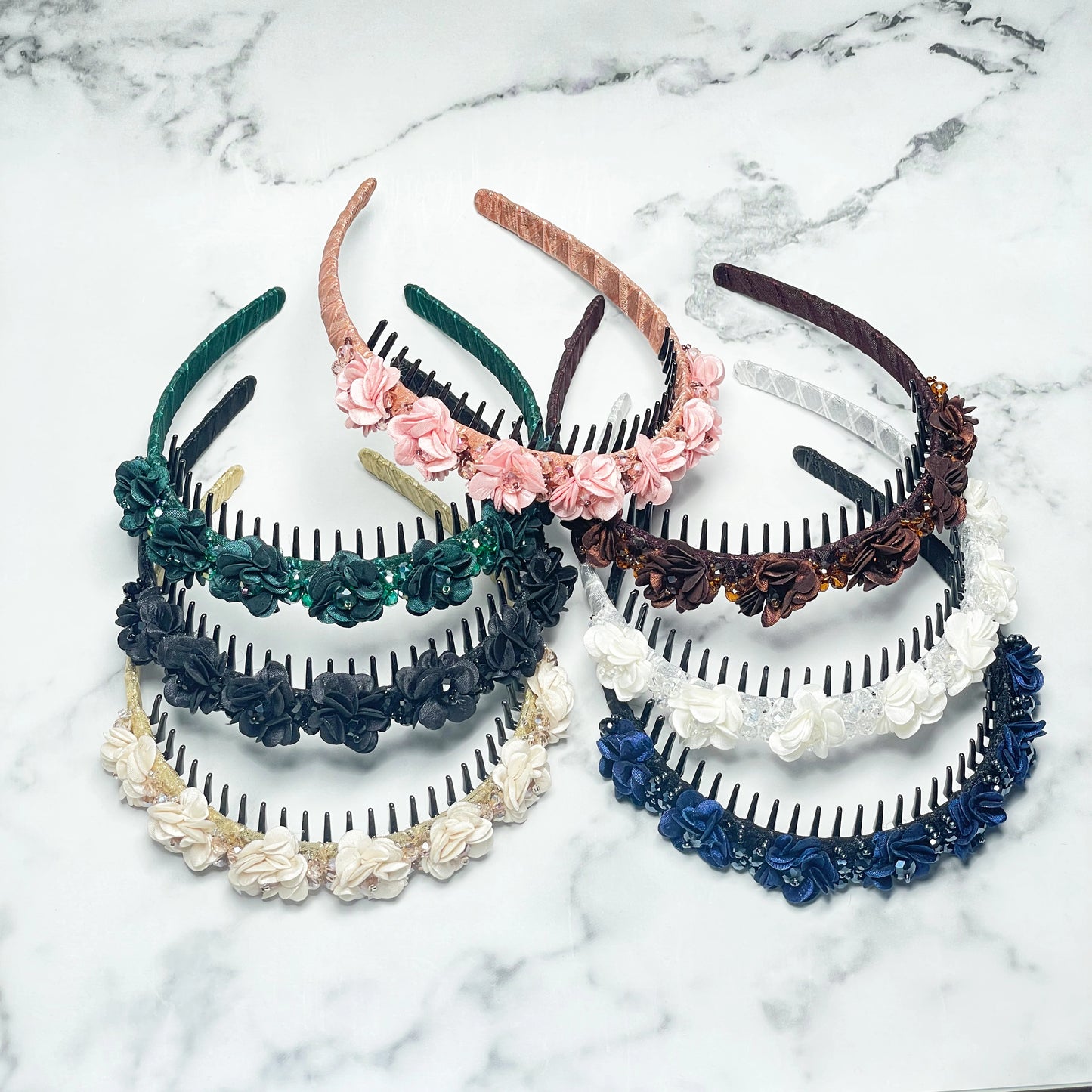 Set of Crystal Studded Floral Hairbands in various colors with fabric flowers and comb teeth for secure fit