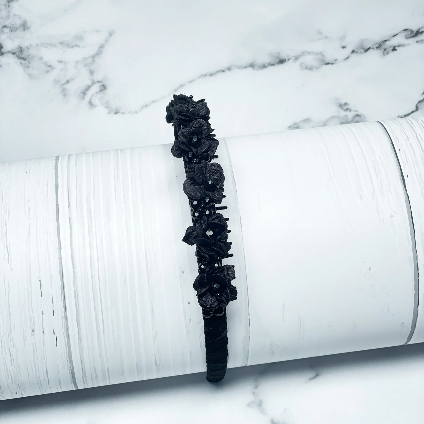 Black Crystal Studded Floral Hairbands with fabric flowers for elegant hairstyle accessories