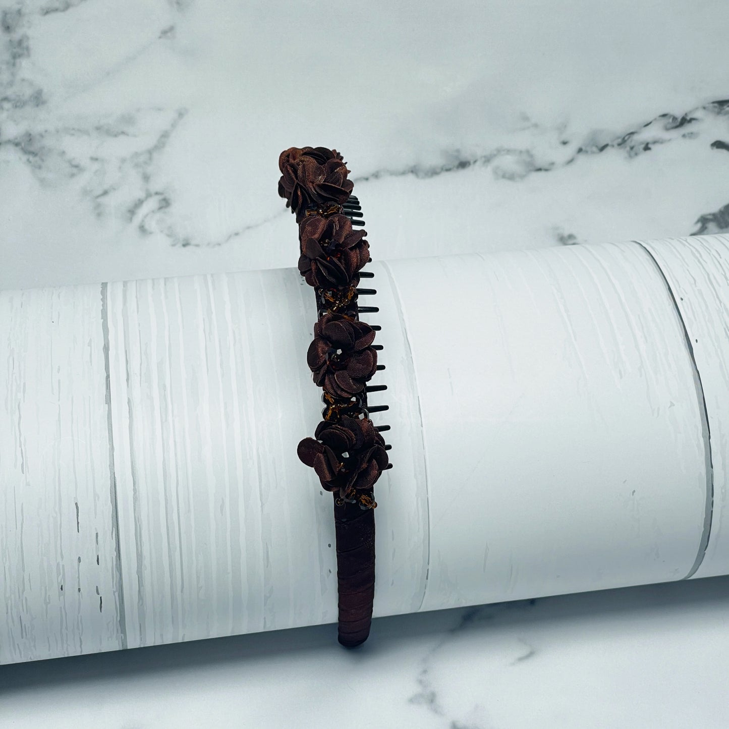 Brown floral hairband with crystal embellishments from Crystal Studded Floral Hairbands collection