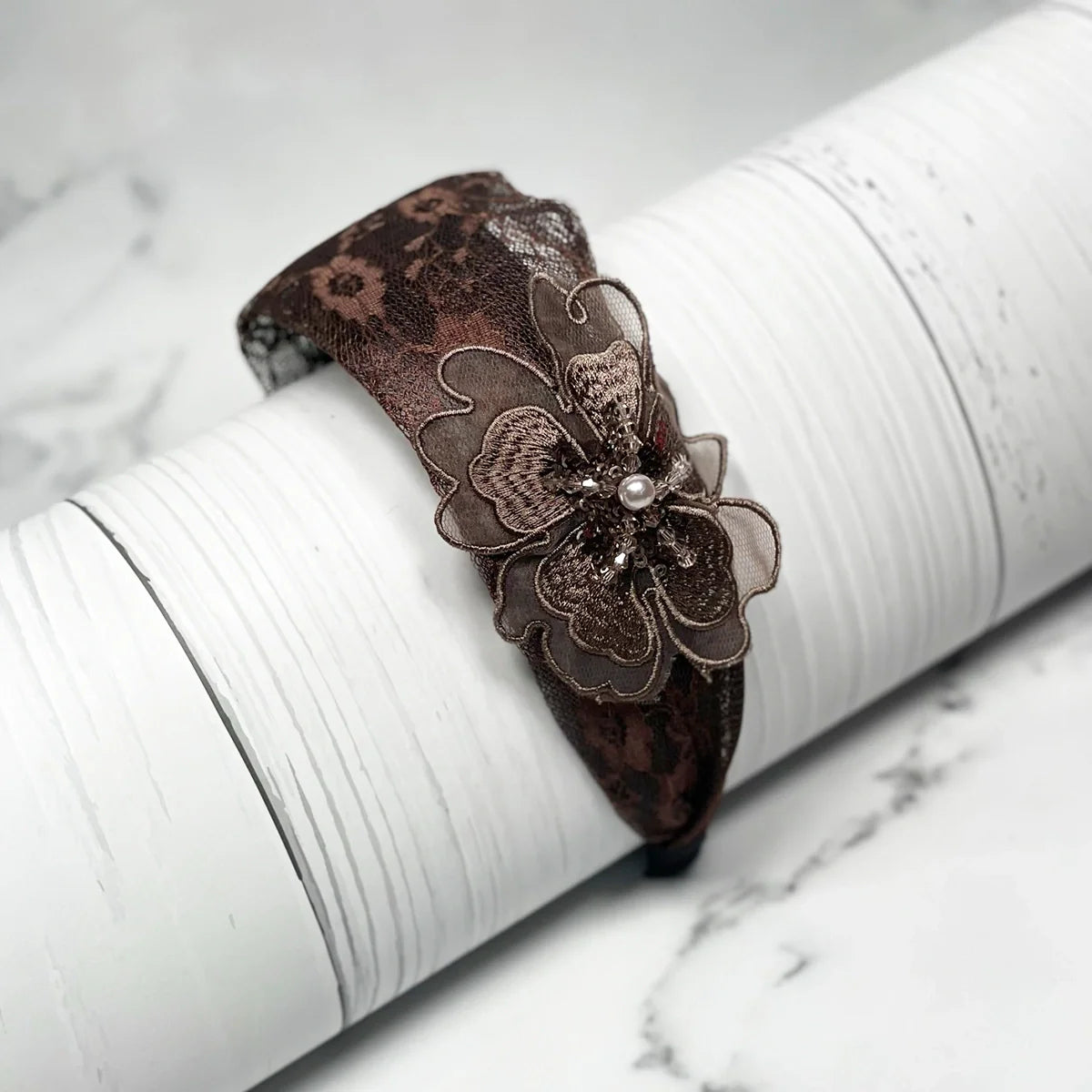 Brown lacy embellished hairbands for women with floral design and pearl detail