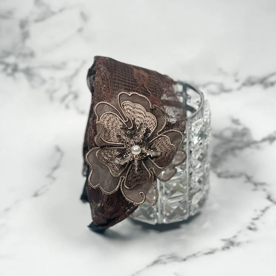 Brown variable lacy embellished hairbands for women with floral design and pearl detail