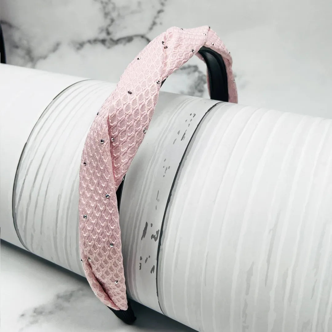 Light Studded Hairbands in pink knitted design with small decorative studs on black base