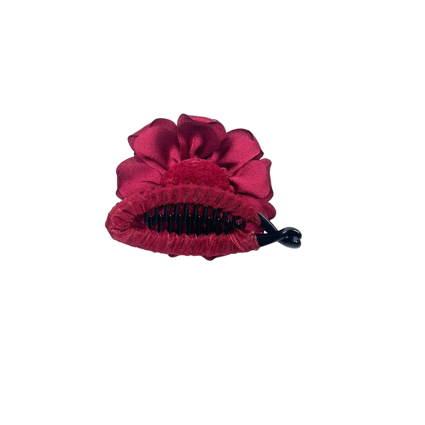Bella Luxe red crystal banana clip with fabric flower detail on a marble surface with lace trim