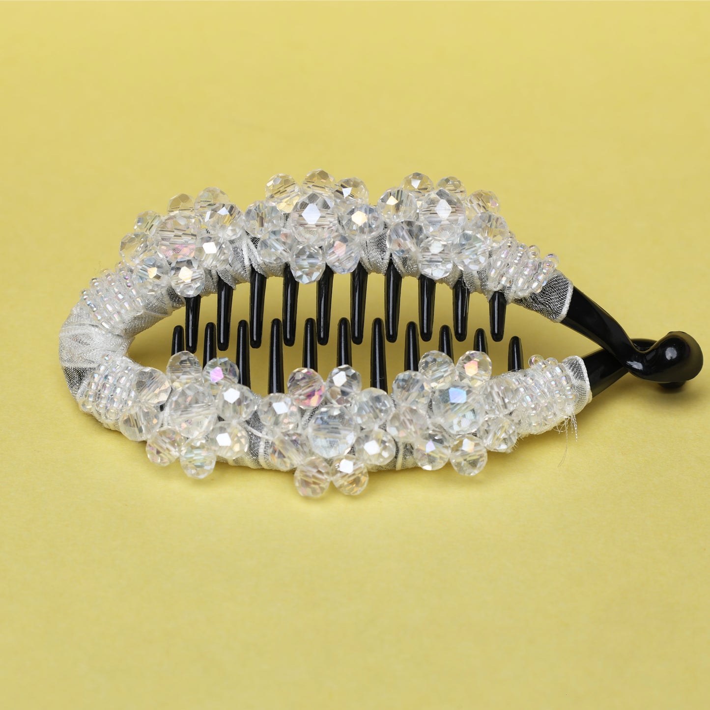 Bella Luxe white crystal studded banana clip with clear faceted beads on black plastic base